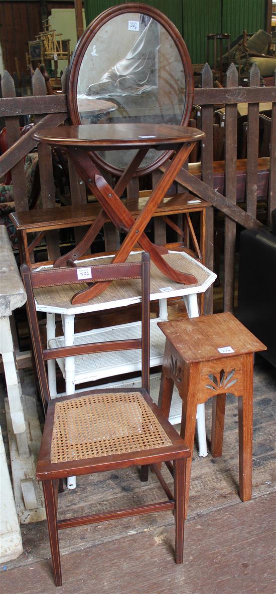 3 occasional tables, shelf, mirror and cane seat chair